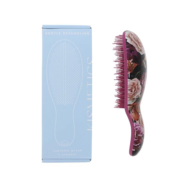 Supreme Brush + Cleaner, Gentle Detangling, Detangler Hair Brush for All Hair Types. For use on Wet or Dry Hair (Fuchsia Pink Floral)