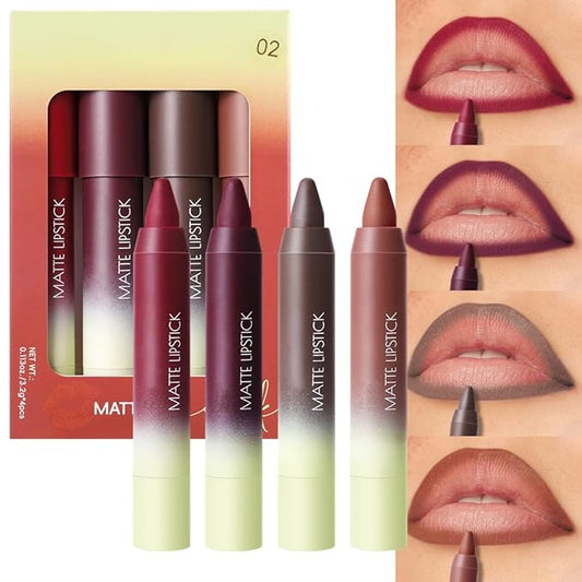 4Pcs Matte Lip Lipstick Crayon Lip Liner Thick Pencil, High-Pigment Outline lips, Non-sticky Matte Velvet Texture, Waterproof & Smudge-Proof Longwear Pigmented, Fit for all tones (02 Set