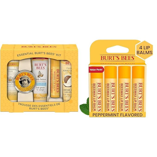 Burt's Bees Essential Everyday Beauty Gift Set, 5 Travel Size Products & 100% Natural Origin Moisturizing Lip Balm, Original Beeswax with Vitamin E & Peppermint Oil, 4 Tubes in Blister Box