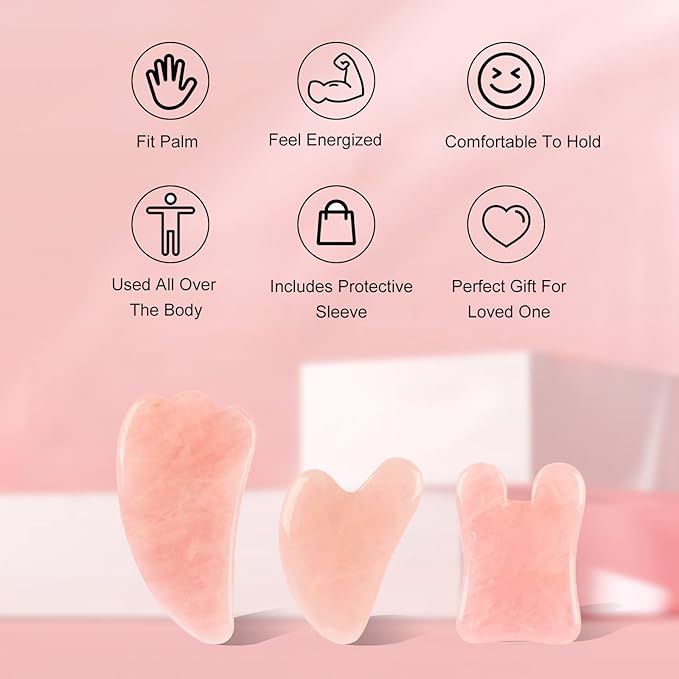 Gua Sha Facial Tools Set of 3 Guasha Massage Tool Rose Quartz Gua Sha Scraping Tool for Face,Neck, Eyes and Body,Jade Stone Guasha Board Pack of 3 (Pink)