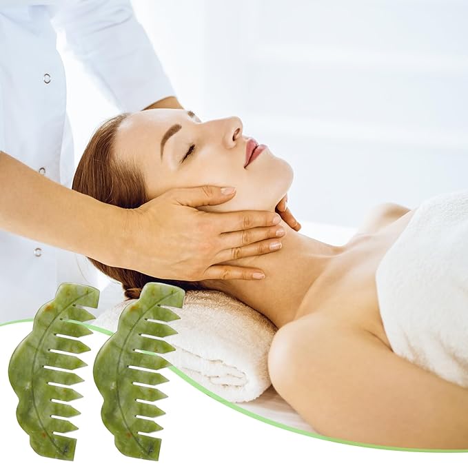 Geiserailie 2 Pieces Jade Combs Massage Stone Hair Gua Sha Scraping Scalp Comb Facial Massage Tool Multifunctional Handheld Head Tools Head Caring Therapy Mother's Day Gift(Plain Style)