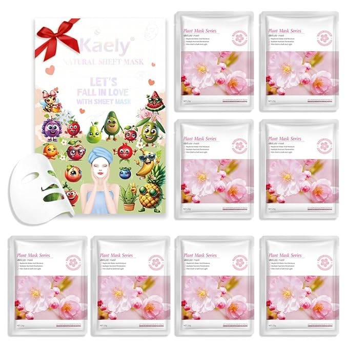 8 Pack Cherry Blossom Face Sheet Mask Skincare,Hydrating Face Mask For Sensitive Skin,Moisturize,Soothing,Nourish for All Skin Types,Natural Spa Party Facial Mask Skincare Set for Women Men Girls