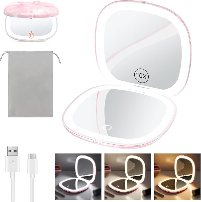Benbilry 3.9" Rechargeable Compact Makeup Mirror with 3 Light Colors and Magnification 1X / 10X, Double Light Strip Dimmable Small LED Travel Mirror for Purse, Pink and White
