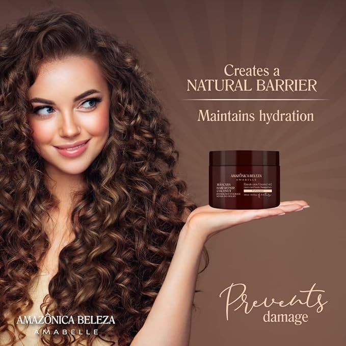 AMAZONICA BELEZA Coconut Hair Mask, Repairs Damaged Hair and Restores Hair Proteins for Healthy, Vital Hair, with Coconut Oil, Sulfate & Parabens Free, Professional Line, 10 Oz