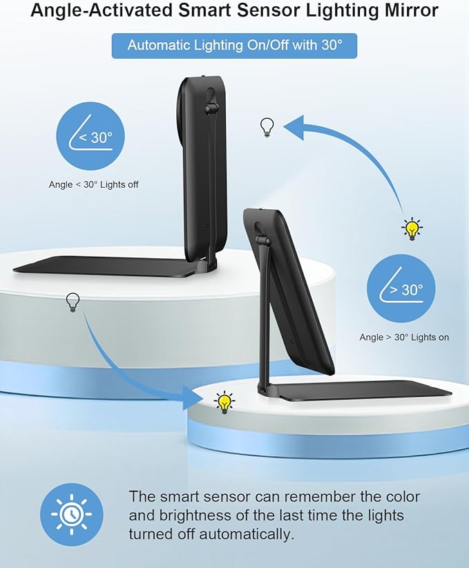 Gospire Travel Makeup Mirror with Lights and Magnification 10X, Portable Make Up Compact Tabletop with Adjustable Stand, 3 Colored Light Rechargeable Lighted LED Cosmetic Vanity- Black