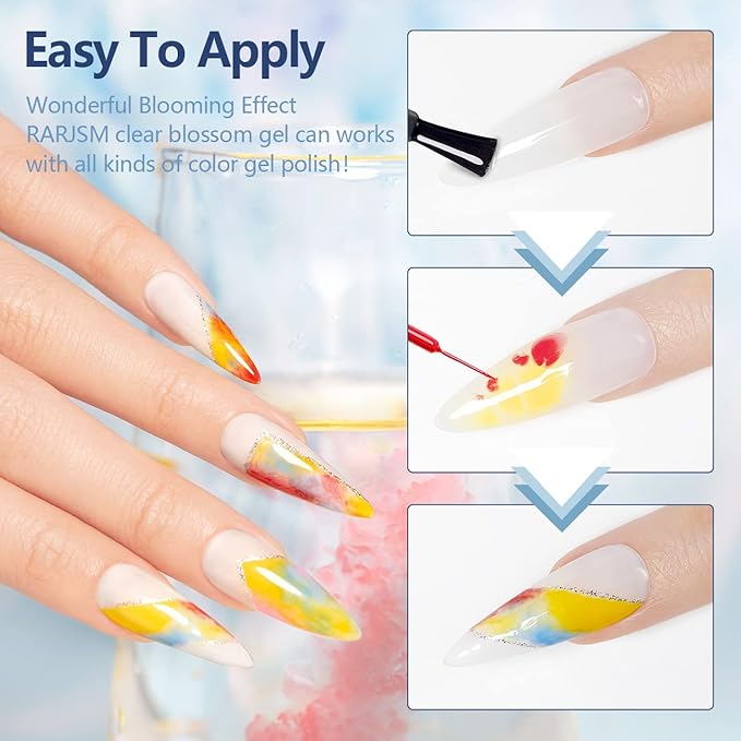 Vishine 3Pcs 16ml No Wipe Gel Base Top Coat Set & Blooming Gel, Shine Finish Top Base Gel Spreading Marble Effect Long Lasting Soak off UV LED Nail Gel Nail Art Design