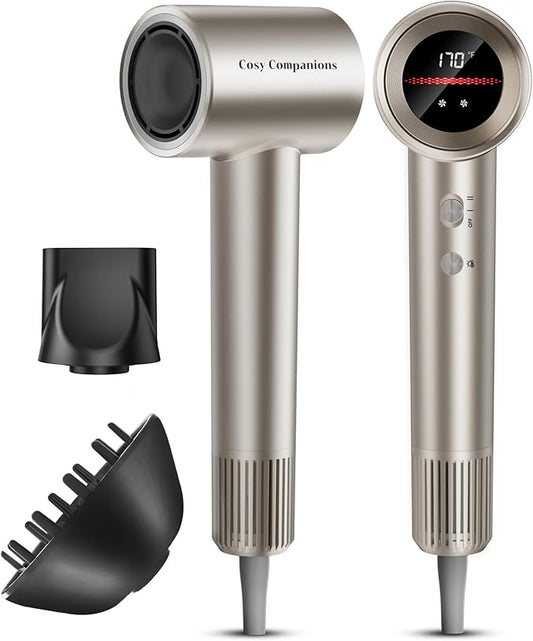 Hair Dryer, 150000RPM High-Speed Hairdryer for Fast Drying, Low Noise, HD Display, 5 Temps & 2 Speeds, 500 Million Negative Ionic Blow Dryer with Diffuser & Nozzle for Home and Travel Salon, Gold