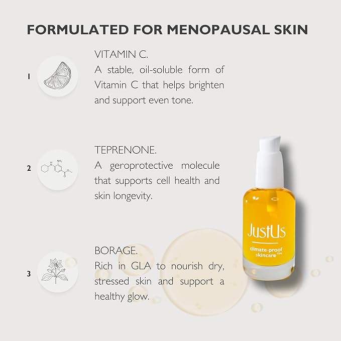 JustUs Skincare, Brilliance - Vitamin C Oil Serum for Face, reduce age spots, discoloration, and hyperpigmentation, Vitamin C with Teprenone, Borage + Tetrahexldecyl Ascorbate - 30ml / 1 oz