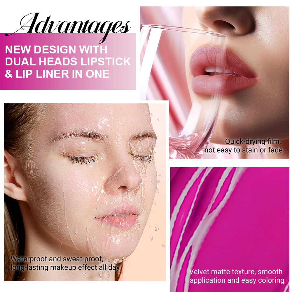 evpct 1Pcs Hot Pink Matte Lip Liner & Liquid Lipstick Stain Makeup Set for Women, Hot Pink Lip Liner Stain Long Lasting Waterproof Smudge Proof, Cruelty Free Lip Stick Makeup 24 hours originales, 59