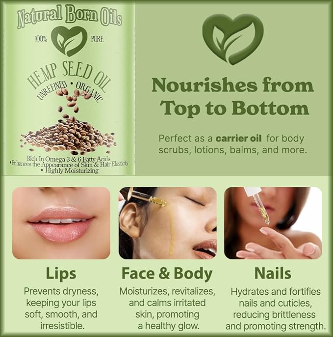 Natural Born Oils Hemp Seed Oil, 2oz, Organic, Cold-Pressed, Rich in Omega Fatty Acids, Ideal for Skin Hydration, Hair Growth
