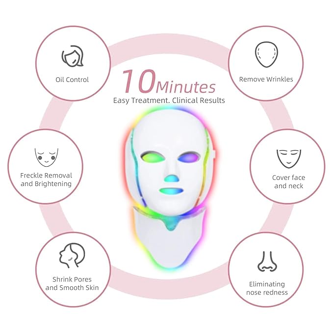 LED Face Mask Light Therapy - 7-Color Professional Facial Skin Care Mask for Anti-Aging, Wrinkle Reduction & Glowing Skin | At-Home Salon with Red, Blue, Green, Yellow, Purple & White Light