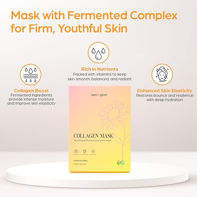 SUN & GLOW VEGAN COLLAGEN MASK Including Natural Elements Fermented 7-Layer Hyaluronic Acid Complex Soothing and Moisturizing Skin Korean Home Skincare Mask (0.88oz 25g 5Packs)