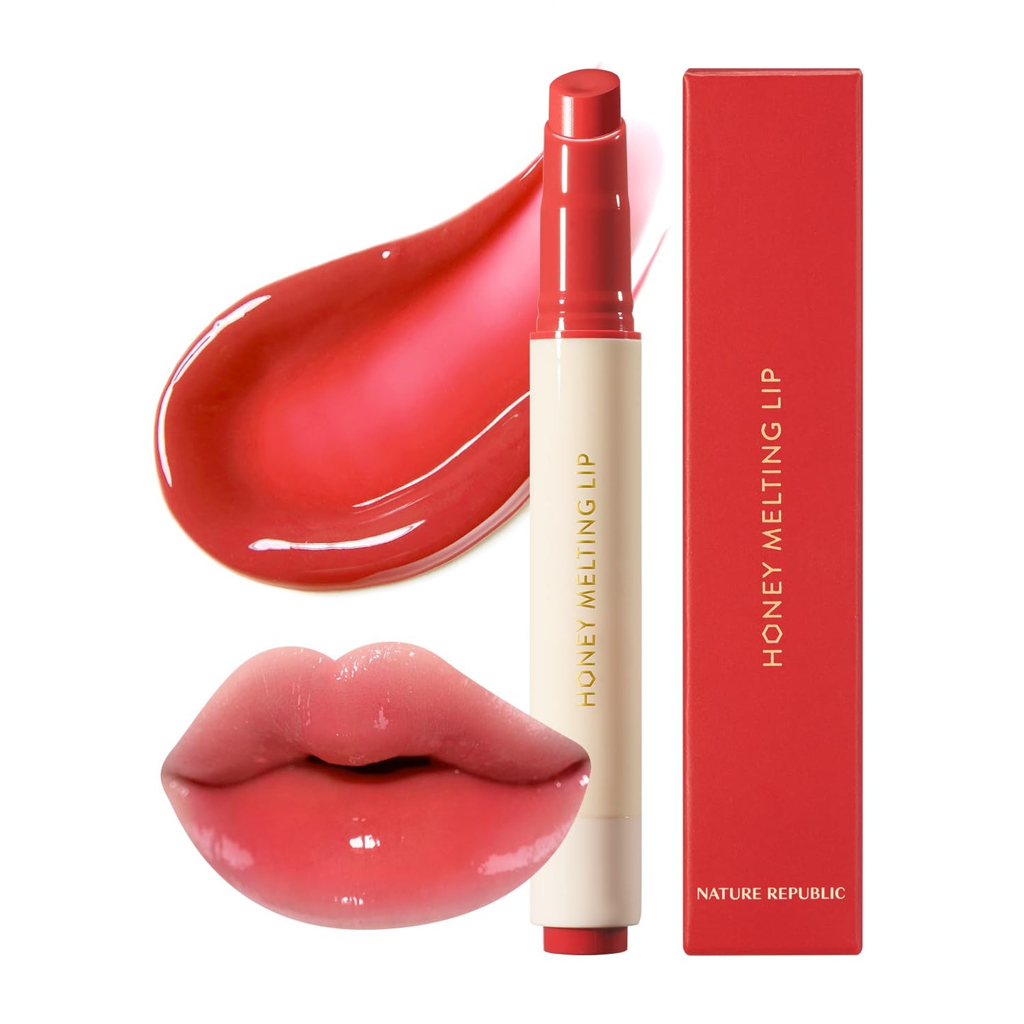 Nature Republic HONEY MELTING LIP (04 POMEGRANATE) SOFT LIP STICK, Hydrating Gloss, Moisturizing balms, Sheer tint, Shine & Glowy Finish, korean make up
