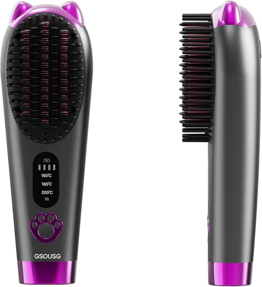 Cordless Hair Straightener,Portable Hair Straightening Brush for Travel, Mini Hot Straightening Comb for Women,Anti-Scald, LED Display & Fast Heating
