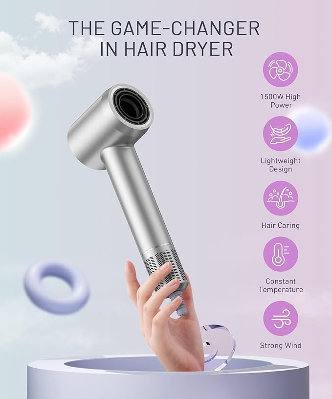 Hair Dryer - 150000 RPM High-Speed Brushless Motor Negative Ionic Blow Dryer for Fast Drying, Low Noise Thermo-Control Hair Dryer with Diffuser and Nozzle, Silvery