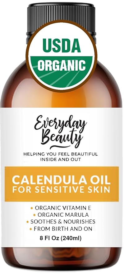 Organic Calendula Oil For Sensitive Skin -Bulk 8 Fl Oz- USDA Organic Certified 100% All Natural Plant Based, Lightweight & Unscented Gentle Soothing Oil For Sensitive Skin - For Face, Skin & All Over