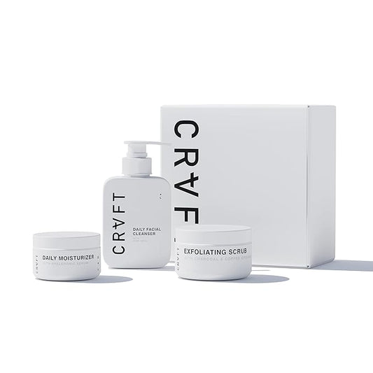 CRVFT Men’s Facial Care Kit | Aloe Vera Face Wash 3oz | Hyaluronic Moisturizer 1oz | Charcoal Exfoliating Scrub 1.7oz | 3 Piece Complete Daily Skin Care System | Look + Feel Your Best [Scented]