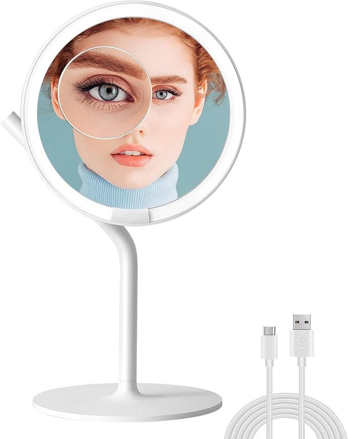 AMIRO 8'' LED Makeup Mirror, 5-Level Brightness/Touch Screen Control/Memory Function/180° Rotation/Detachable Small 5X Magnification Mirror