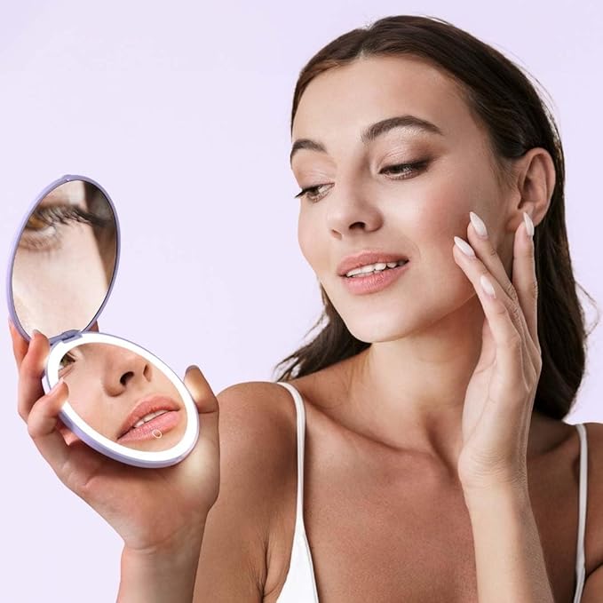 Fancii Mini Taylor Compact Magnifying Mirror with LED Light, 10x/1x, Rechargeable, 3 Light Settings, Dimmable - Small Lighted Travel Handheld Mirror for Pocket, Handbag, Purse, 2-Sided (Purple)