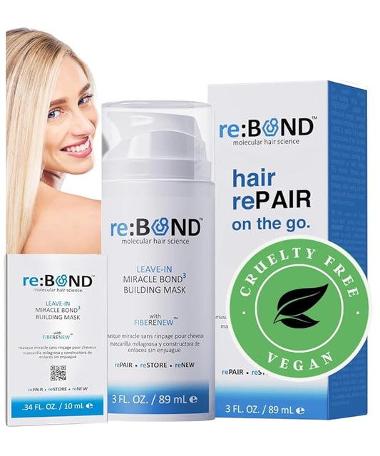 reBOND Leave-in Miracle Bond Building Hair Mask- 4 minute Repair Treatment Deep Conditioning for Bleached, Damaged, Dry, Colored or Frizzy Hair - Set includes: 3oz + .34oz