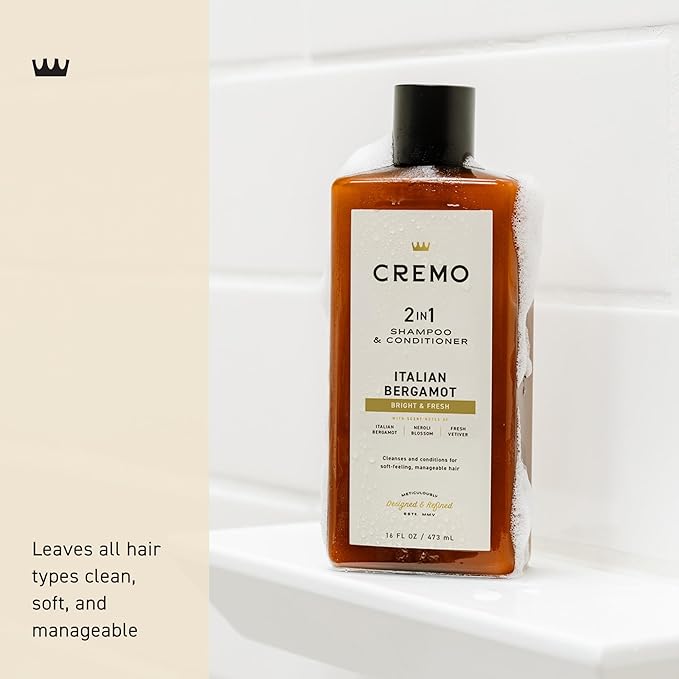 Cremo Italian Bergamot 2 in 1 Shampoo & Conditioner for Men, Notes of Italian Bergamot, Neroli Blossom, and Fresh Vetiver, 16 Fl Oz