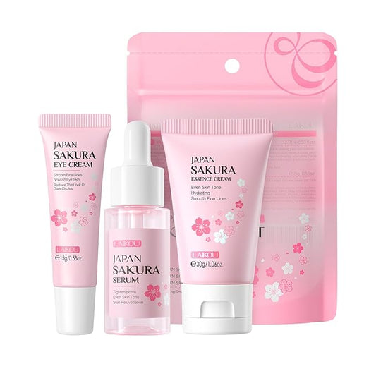 Skin Care Set JAPAN SAKURA Beauty Gift Sets Skin Care Kit with Serum, Eye Cream, Face Cream Travel Kit for Women Wife Mom Teen Girls TSA-friendly Sizes Christmas Gift 3pcs