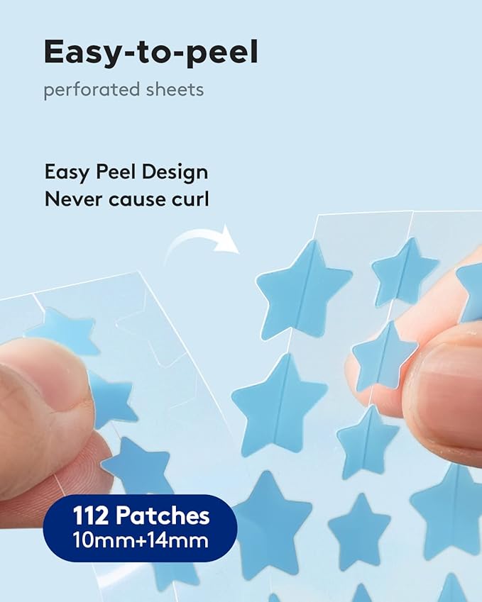 LitBaer Star-Shaped Pimple Patch Hydrocolloid Acne Stickers with Tea Tree Oil + Salicylic Acid, Cover Dot for Acne Blemish, Pimples, Whiteheads, Zit, Draw out Oil & Impurities, 112 Dots, 14mm & 10mm