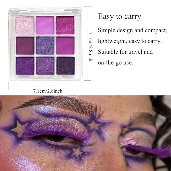Purple Glitter Matte Eyeshadow Palette, 9 Colors Shimmer High Pigmented Eyeshadow Powder, Dream Purple Eye Shadow Palette Makeup,Waterproof Blendable Colorful Eyeshadow Palette for Girl Women