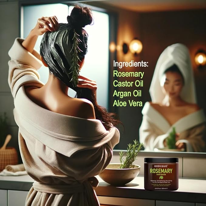 Rosemary Hair Treatment - with Collagen, Biotin, Argan Oil for Dry, Damaged, Curly Hair - Strengthening Deep Conditioner for Split Ends & Growth - 8.45 fl oz