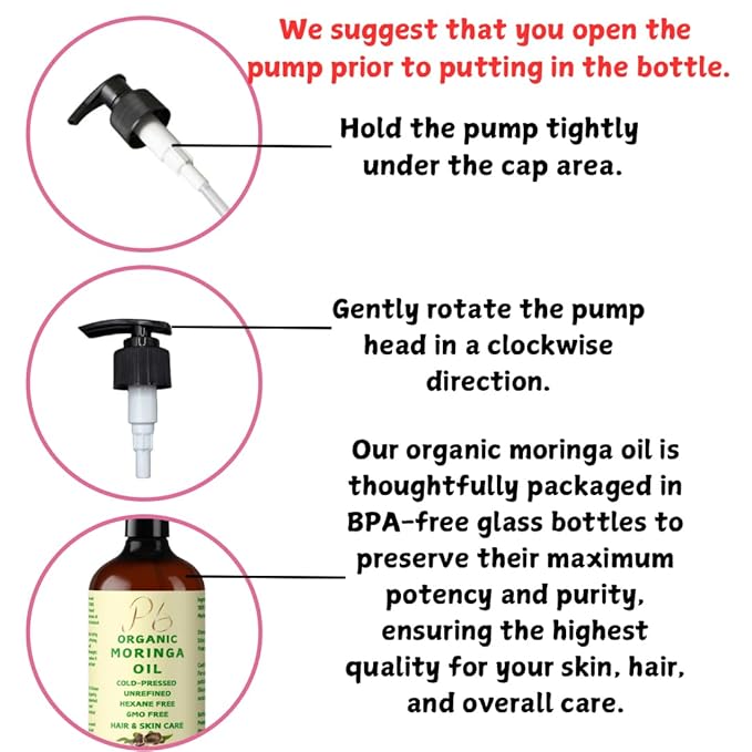 Organic Moringa Oil – 100% Pure & Cold-Pressed, Unrefined & Hydrating Oil for Face, Body & Hair – Nourishing Skin & Hair Moisturizer – 16 fl oz Glass Bottle with Pump