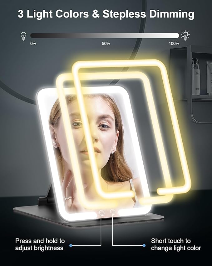 Gospire Travel Makeup Mirror with Lights and Magnification 10X, Portable Make Up Compact Tabletop with Adjustable Stand, 3 Colored Light Rechargeable Lighted LED Cosmetic Vanity- Black