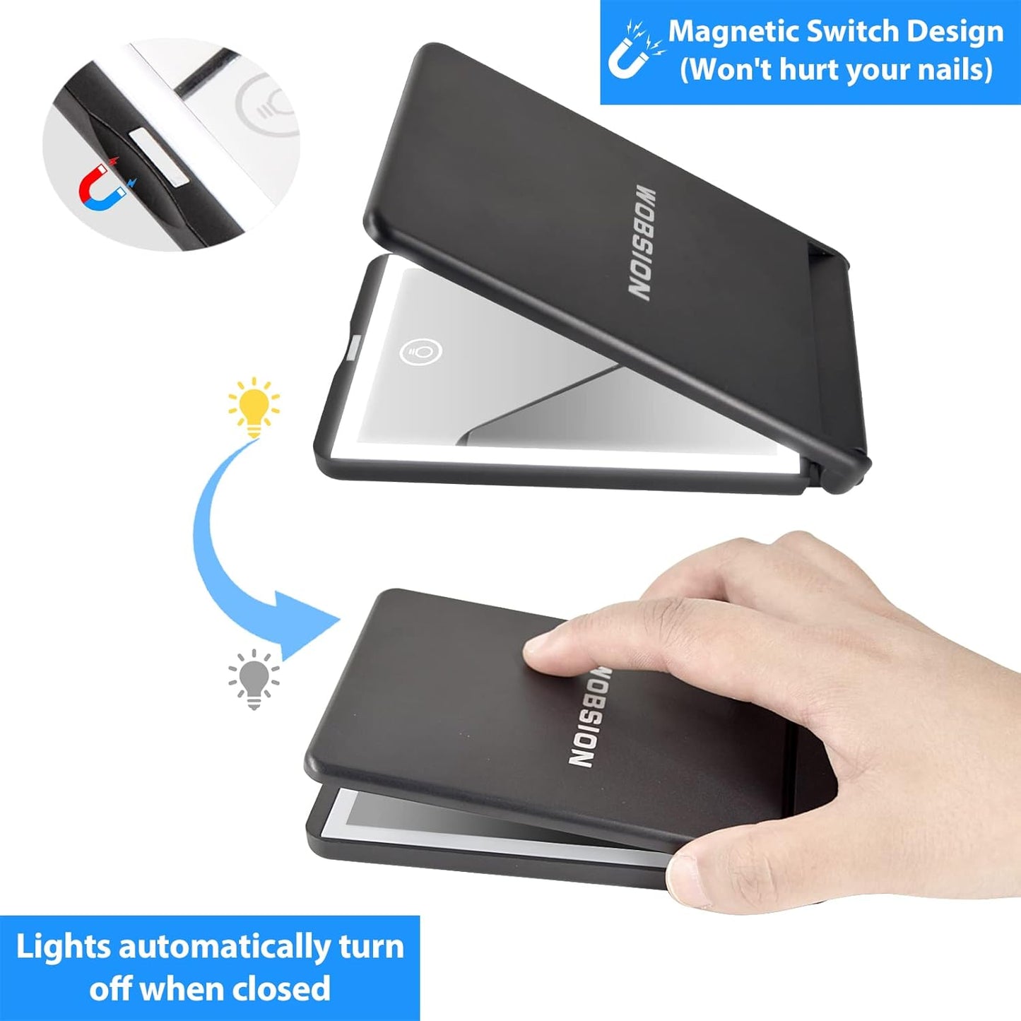 WOBSION Lighted Compact Mirror, Rechargeable Travel Makeup Mirror with Light,1x/3x Magnifying,Folding Portable Mirror,Dimmable,Gifts for Girls,Black