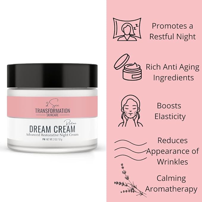 Dream Cream Menopause Skincare Night Cream - Wake Up Rested + Restored with Hyaluronic Acid, Niacinamide, Peptides, Melatonin and Magnesium. Overnight Face Mask by 2 See Transformation