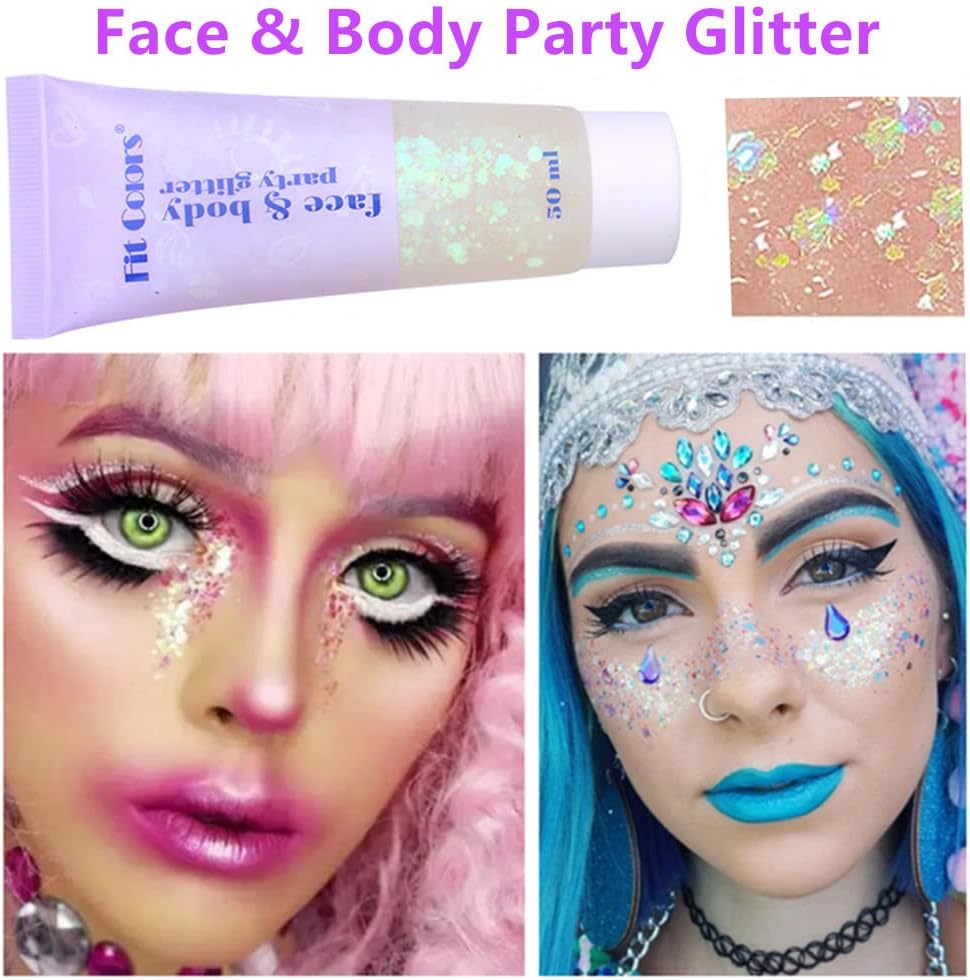 Go Ho Silver and White Body Glitter Set,Singer Concerts Face Glitter Gel Makeup,Holographic Long Lasting Chunky Sequins Glitters for Eye Lip Hair Nails,Festival Rave Accessories,Silver&White