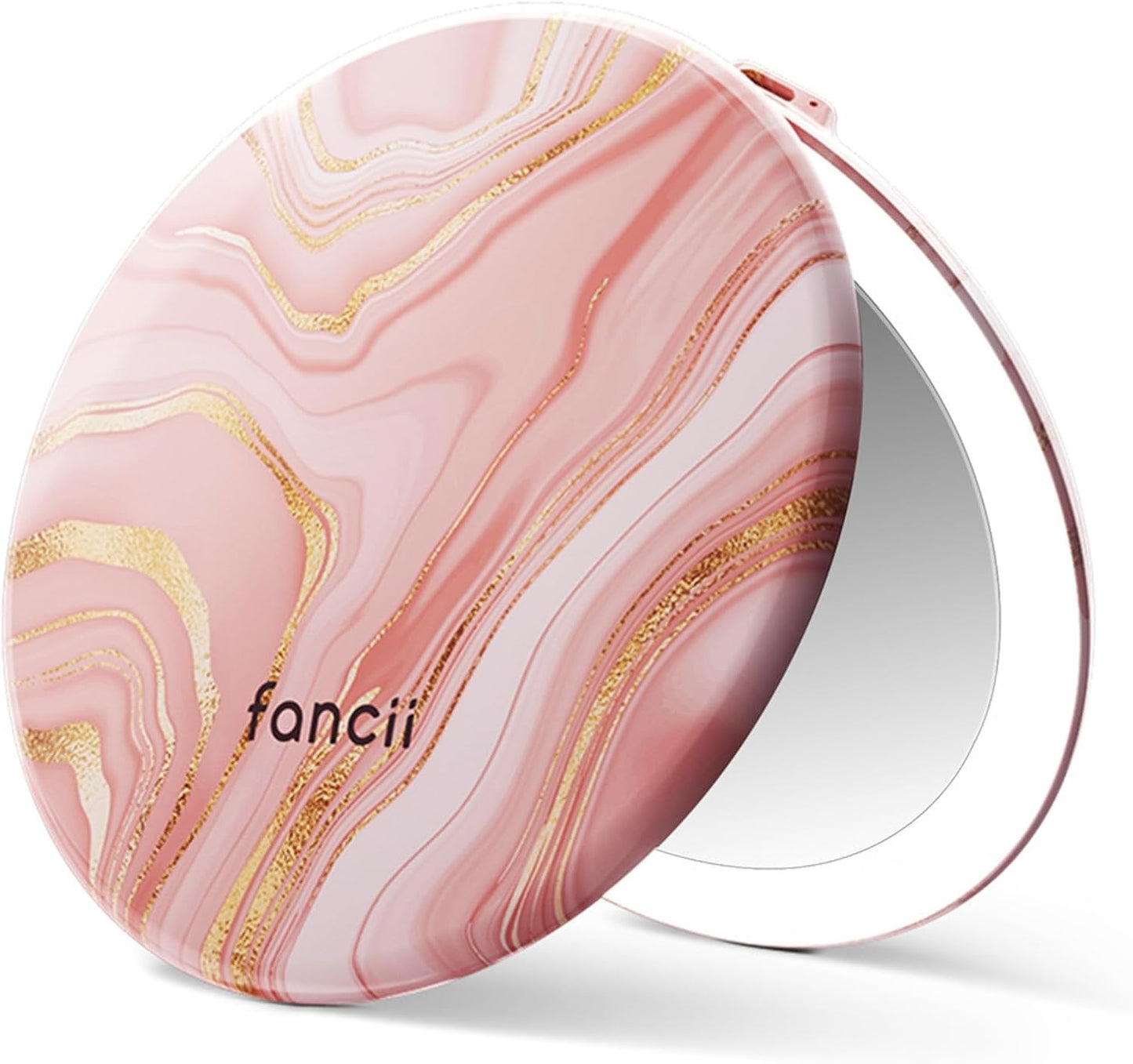 Fancii Taylor LED Lighted Travel Makeup Mirror, Rechargeable, 10x /1x Magnifying, Tru-Glow Lighting System, XL Large 5” Wide | Compact Mirror for Purses (Marble Rose)