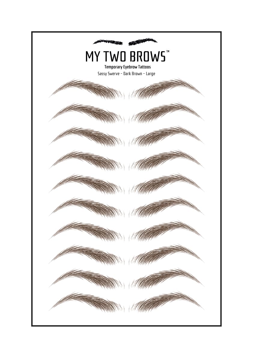 (10 pairs) Dark Brown Temporary Eyebrow Tattoo - Large Size - Waterproof & Smudgeproof - Sassy Swerve Style Eyebrow Stickers - Sheet Lasts up to 30 Days - Won't Work on Existing Brows