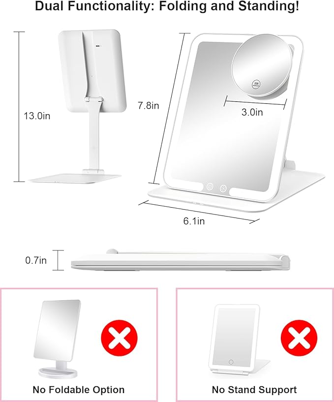 Gospire Travel Makeup Mirror with Lights and Magnification 10X, Portable Make Up Compact Tabletop with Adjustable Stand, 3 Colored Light Rechargeable Lighted LED Cosmetic Vanity- White