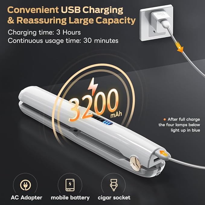 Cordless Hair Straightener and Curler 2 in 1 Ceramic Flat Iron Mini Cordless Portable Travel Hot Tools Straight Curl for Women Men USB Rechargeable with Pouch (White)
