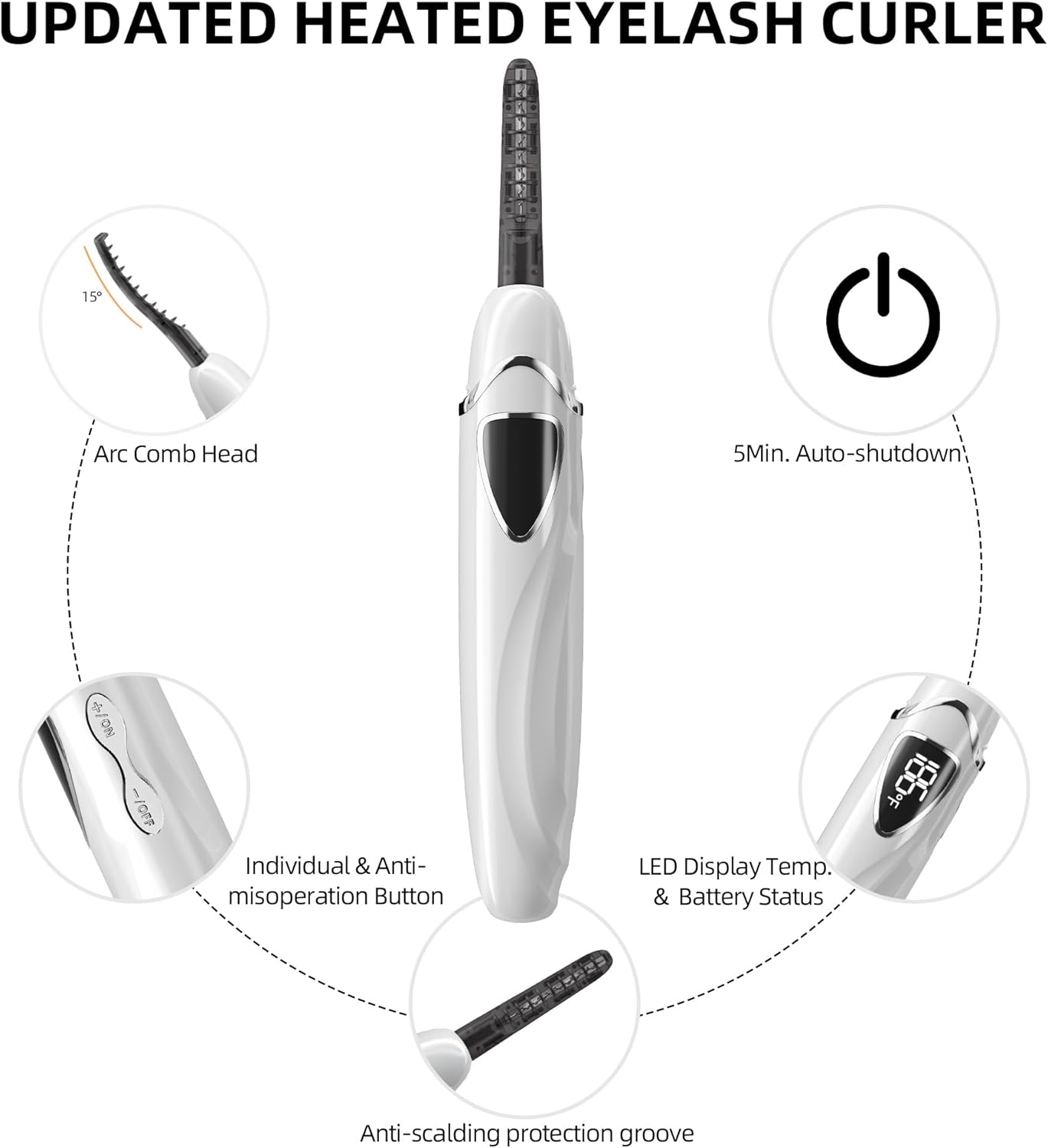 ZAPAL Heated Eyeash Curler, S600 Rechargeable Heated lash Curler, Intelligent Power Off Electric Eyelash Curler Heated Quickly 24 Hs Lasting Natural Makeup for Woman (Snow White/Silver, S600-148MM)