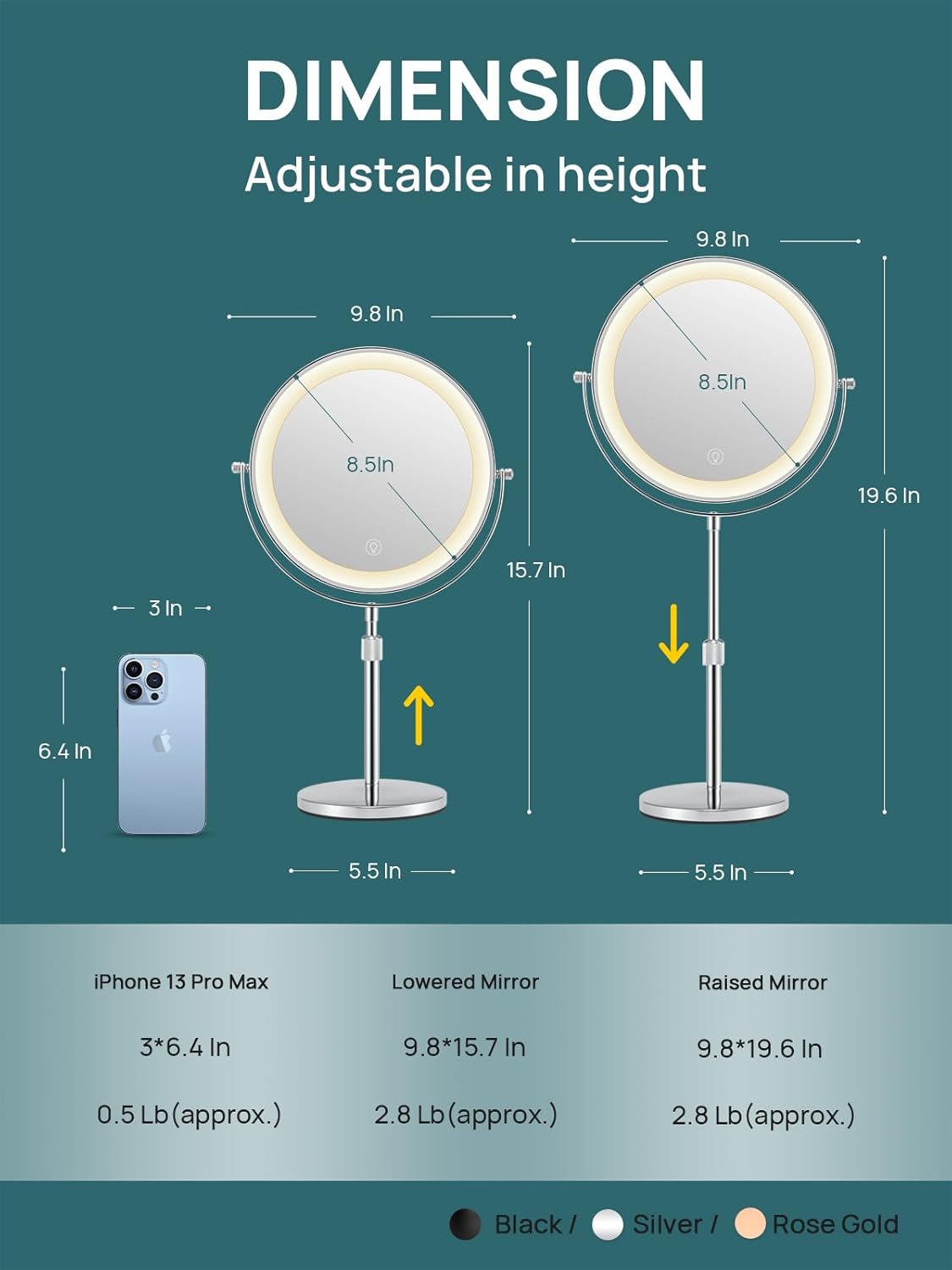 OMIRO 1X/10X Makeup Mirror with Lights,8.5 Inches Double Sided Vanity Mirror with Height-Adjustable Stand,Magnifying Mirror with 3 Color Light(Silver)