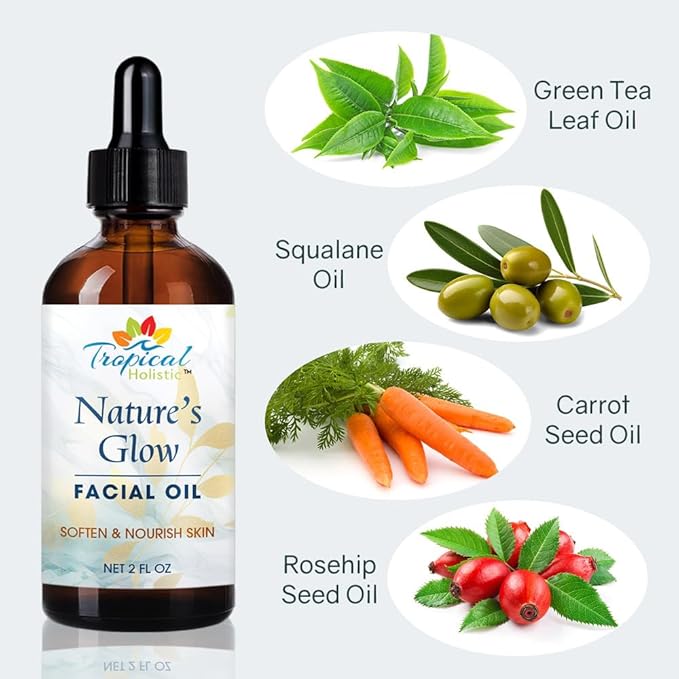 Nature's Glow Facial Oil| Anti-Aging Face Oil| Infused with Green Tea, Jojoba, Vitamin E, Carrot | Lightweight & Non-Greasy| Suitable for All Skin Types, 2 fl oz