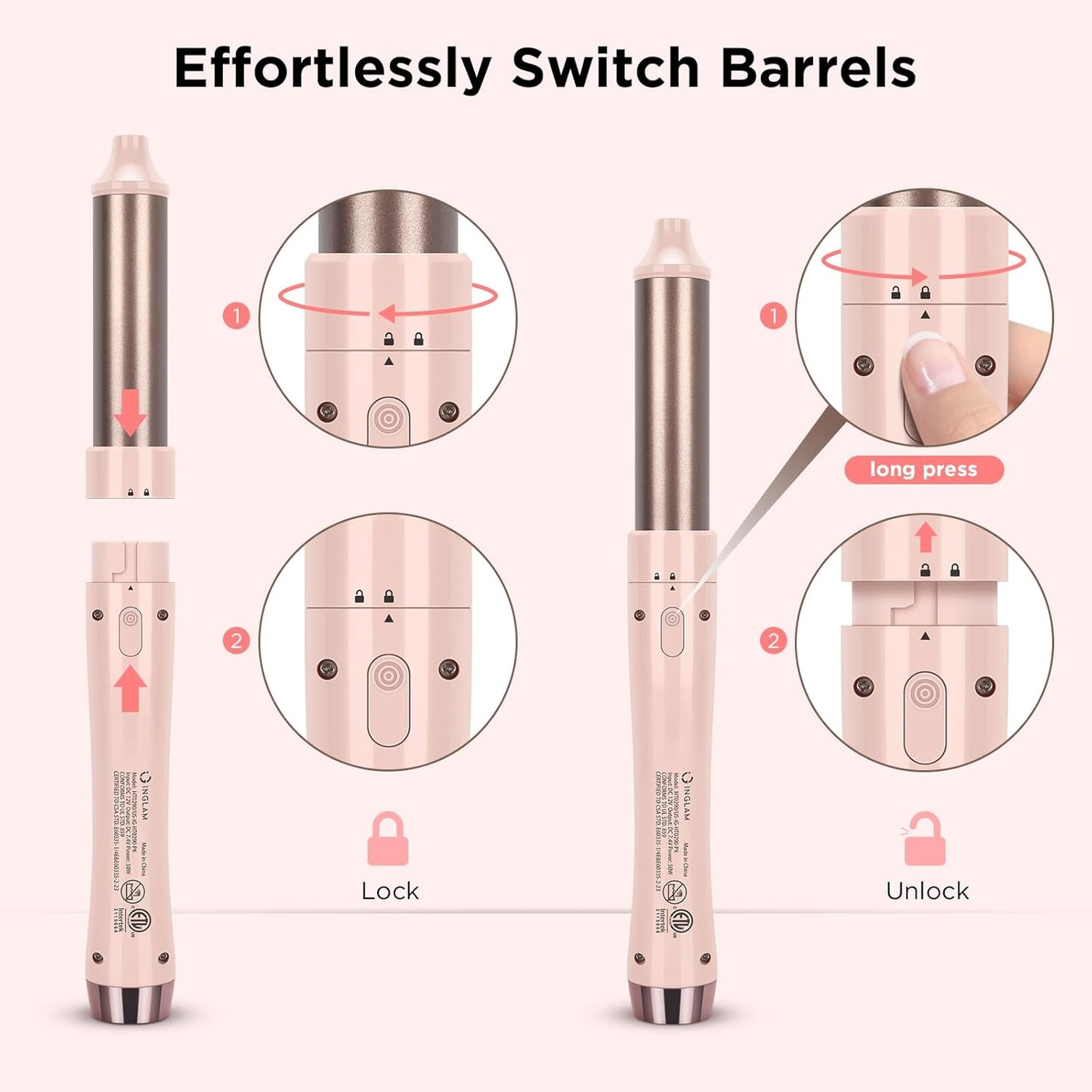 IG INGLAM 3 in 1 Cordless Detachable Hair Styling Set with 1'' Flat Iron, 1.25" Curling Wand, 1.5" Thermal Brush, Rechargeable Portable for Travel, Gift for Women