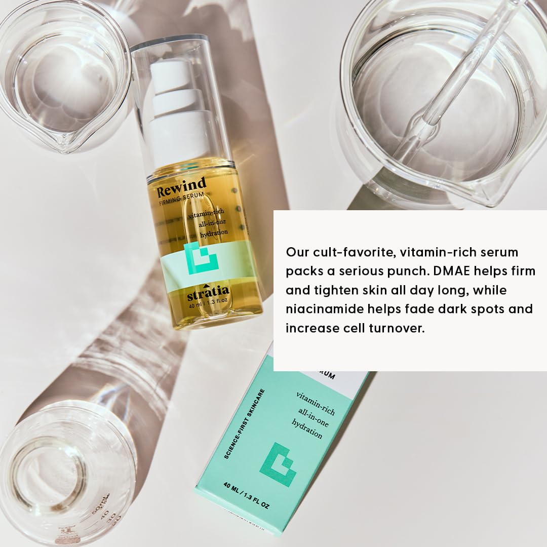 Stratia Rewind Firming & Hydrating Serum with Hyaluronic Acid & Niacinamide - Moisturizes & Evens Skin Tone with DMAE for Smooth, Plump Skin, 1.3 Fl Oz