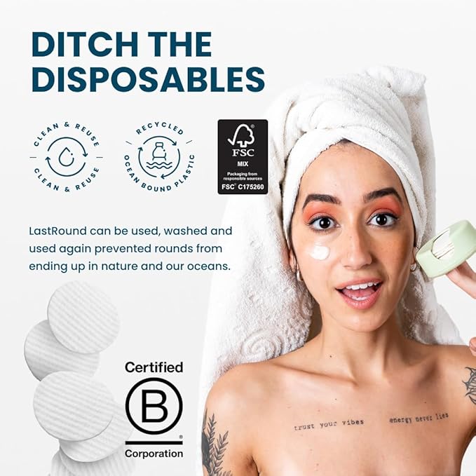LastRound Reusable Makeup Remover Pads - 7 Washable Eco-Friendly Reusable Cotton Rounds for Face - Sustainable & Soft Cotton Face Pads for Facial Cleansing & Eye Makeup Removal - Travel Storage Case