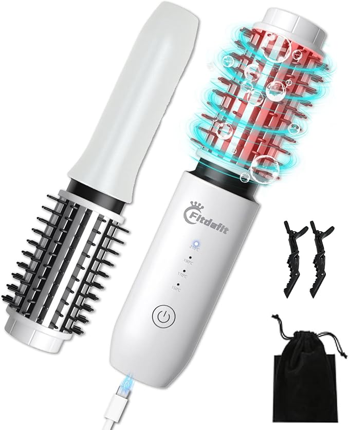 Cordless Hair Curling Iron Brush, 1.5" Mini Cordless Hair Curler, 3-in-1 Travel Curling Brush Hair Straightener Comb Rechargeable, Long Battery Portable Ionic Heated Tool, White