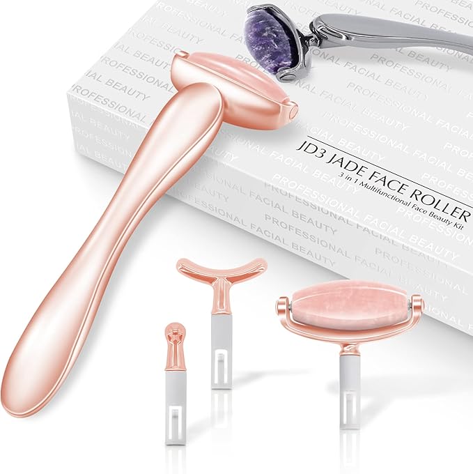 I·B·N G Jade Face Roller, Facial Rollers for Women, Face Massage Skin Care Beauty Tools with 3 Interchangeable Heads (Pink+Rose)