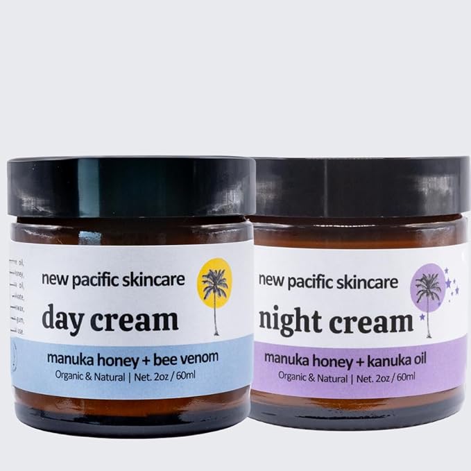 Save 5%: Organic Manuka Honey + Bee Venom Day and Night Cream Duo | Bee Venom Skin Treatment | Manuka Honey Skincare | 2oz/60ml