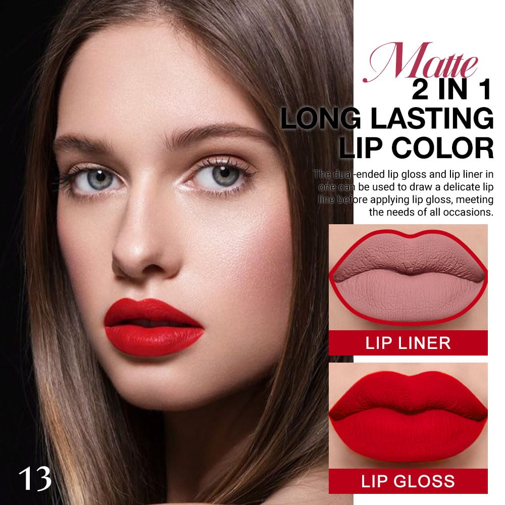 evpct 1Pcs Bright Fire Ruby Red Matte Lip Liner and Liquid Lipstick Stain Makeup Set for women, Red Long Lasting Smudge Proof Lipstick labiales matte mate larga duracion listip 24 hours originales,13#