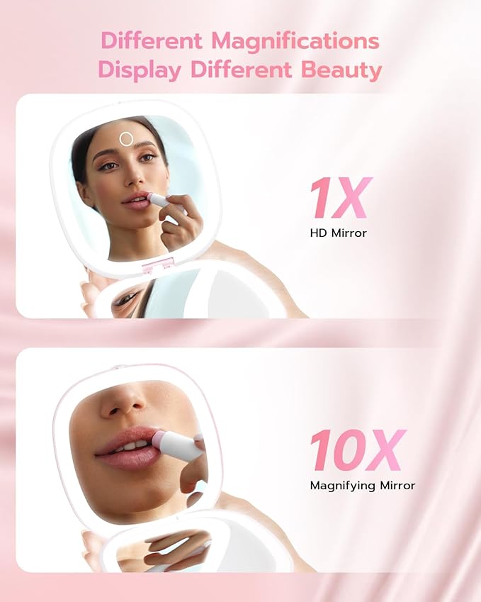 Benbilry 3.9" Rechargeable Compact Makeup Mirror with 3 Light Colors and Magnification 1X / 10X, Double Light Strip Dimmable Small LED Travel Mirror for Purse, Pink and White