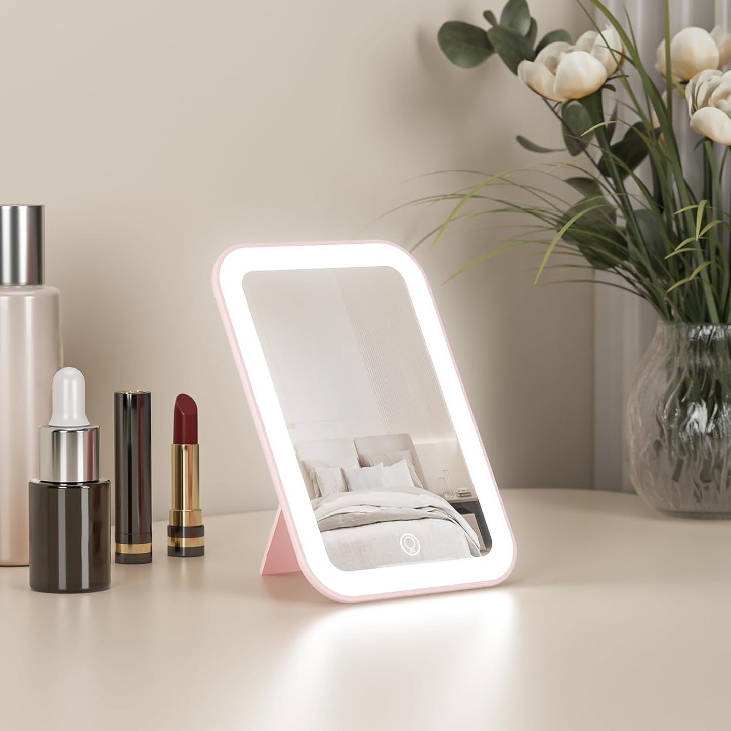 Kintion Travel Makeup Mirror, 6"*4.2" Rechargeable Portable LED Lighted Tabletop Vanity Mirror, 3 Colors Touch Dimmable Compact Mirror for Women Gift, Pink